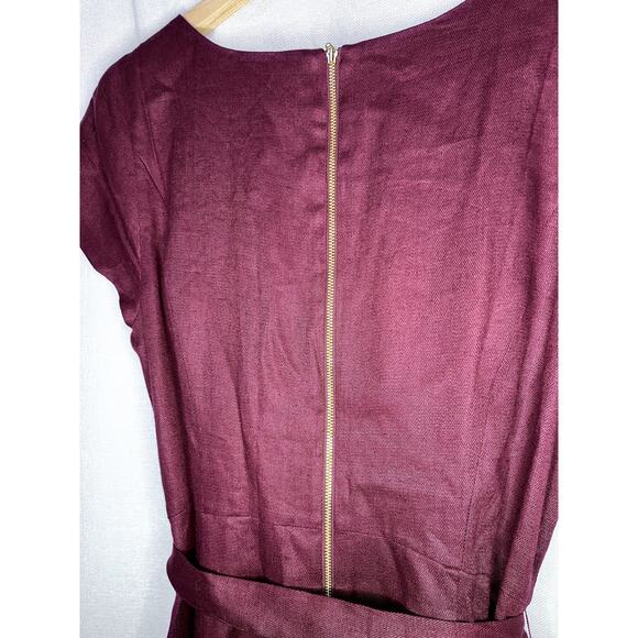 Lands' End Linen Cherry Red Burgundy Short Sleeve Tie Waist Mini Dress - Picture 5 of 9